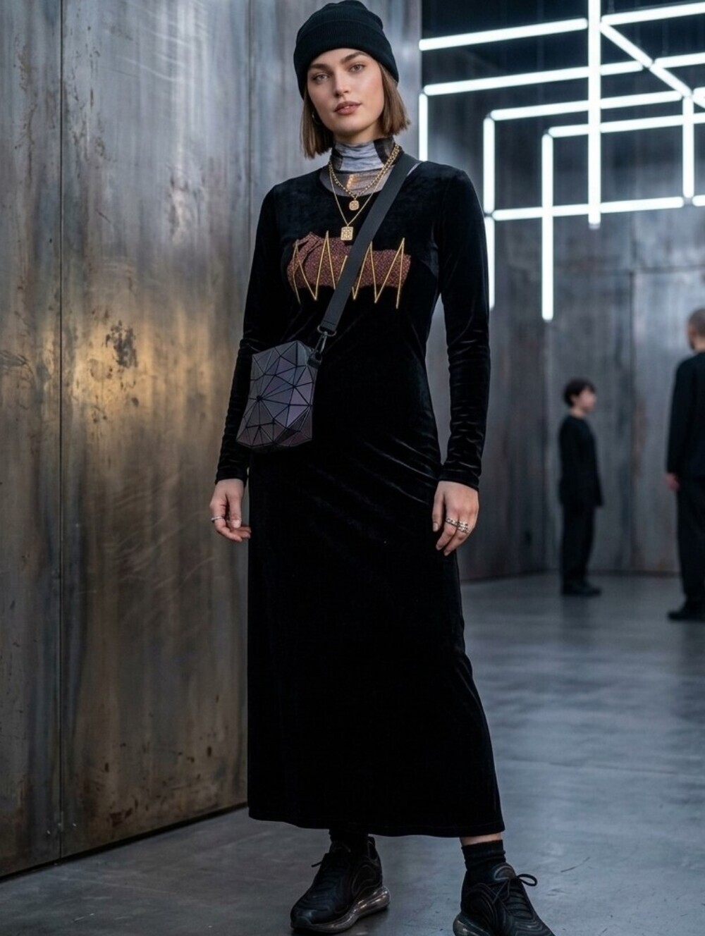 Vintage 90s Studio G Genuine Black Maxi Dress – Artsy Geometric Embroidered Art-